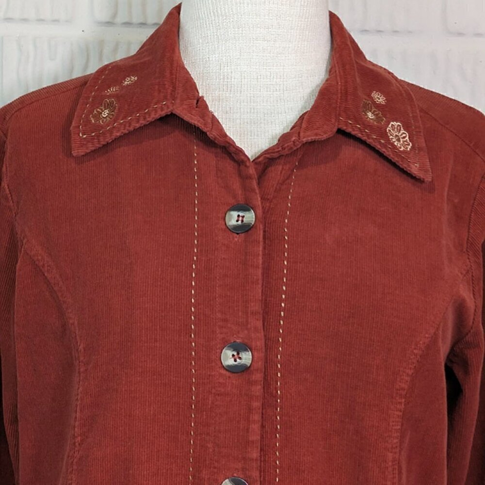 VTG Ms Lee Shacket Womens Medium Corduroy Rust Orange Button Up Embroidery Top - Picture 2 of 12